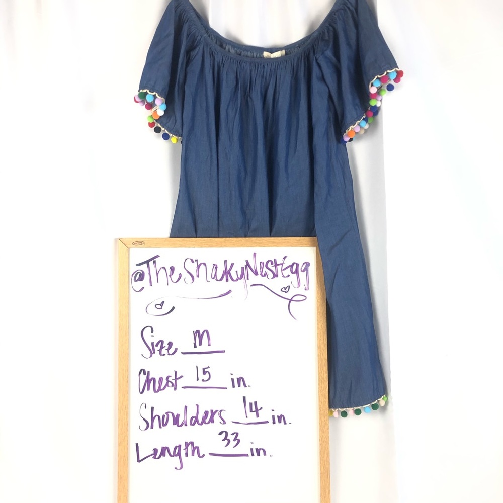 Denim Faux off the shoulder dress poms sleeves/hem - Picture 8 of 8